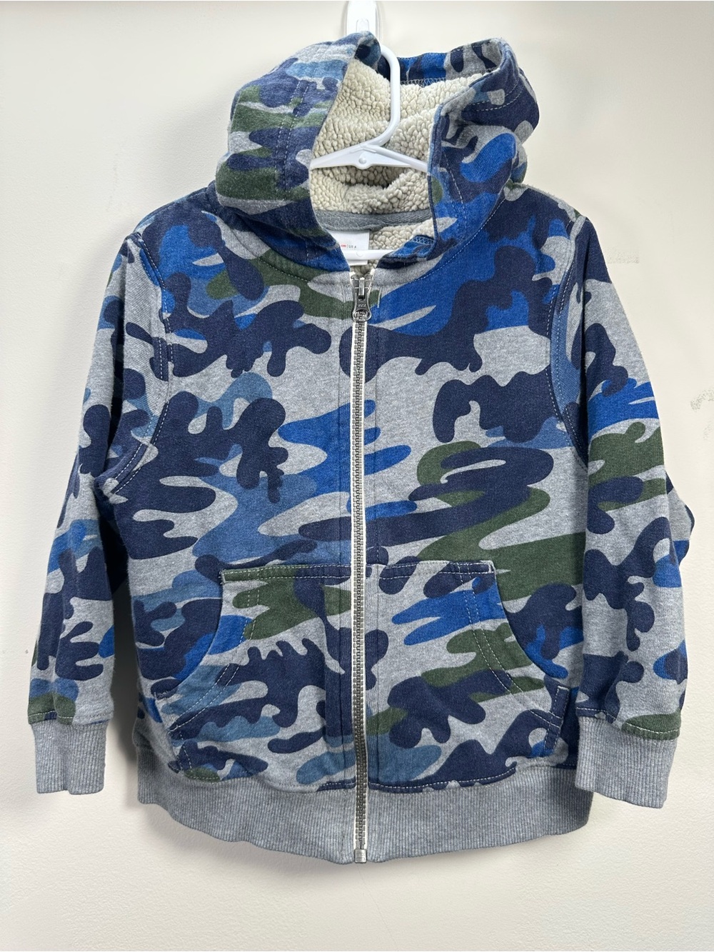 Hanna Andersson Blue Camouflage Supercozy Faux Shearling Lined Zip Hoodie, 4 - Picture 2 of 12
